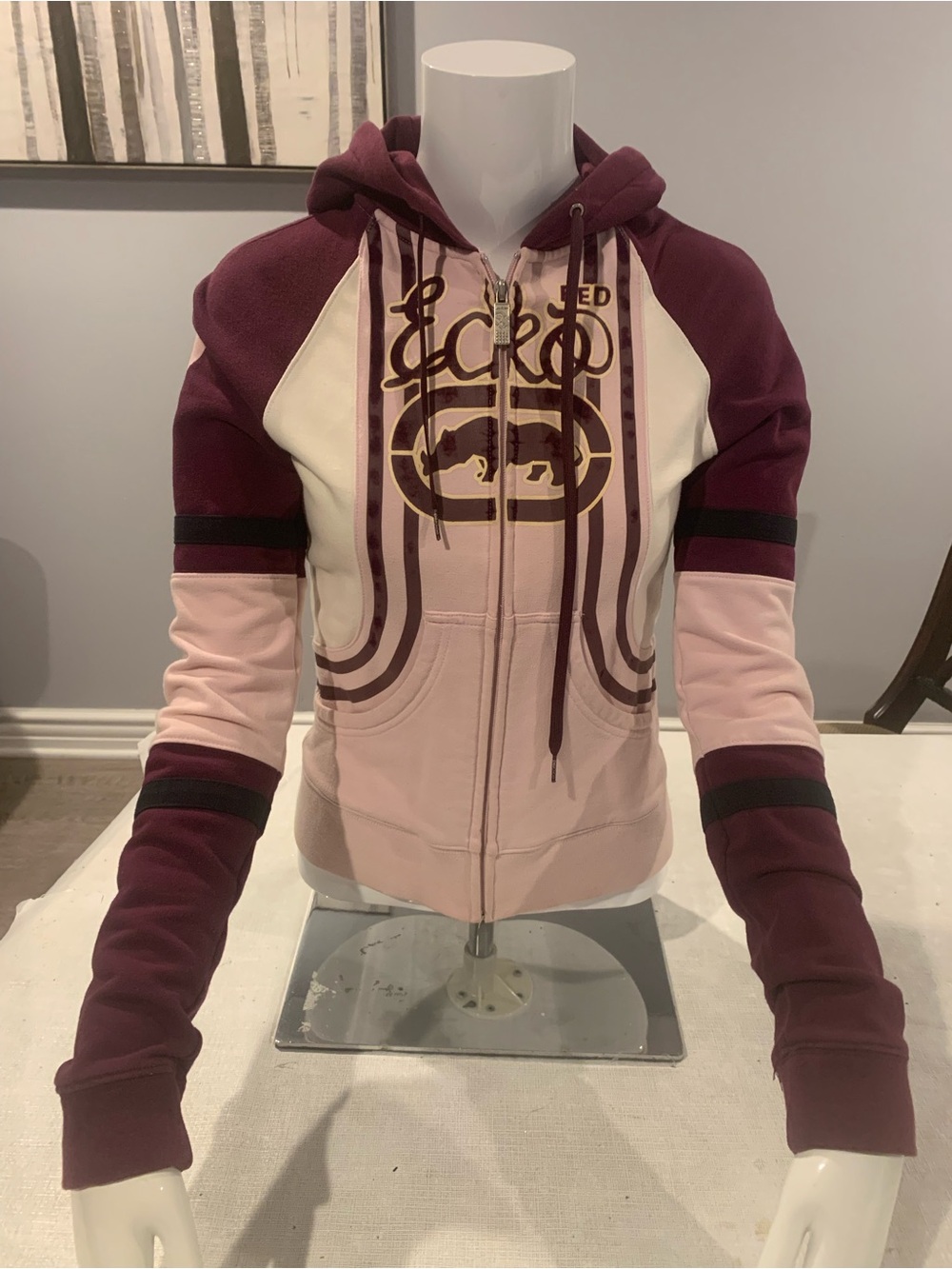Ecko Unlimited Maroon and Light Pink Colorblock Zip Hoodie